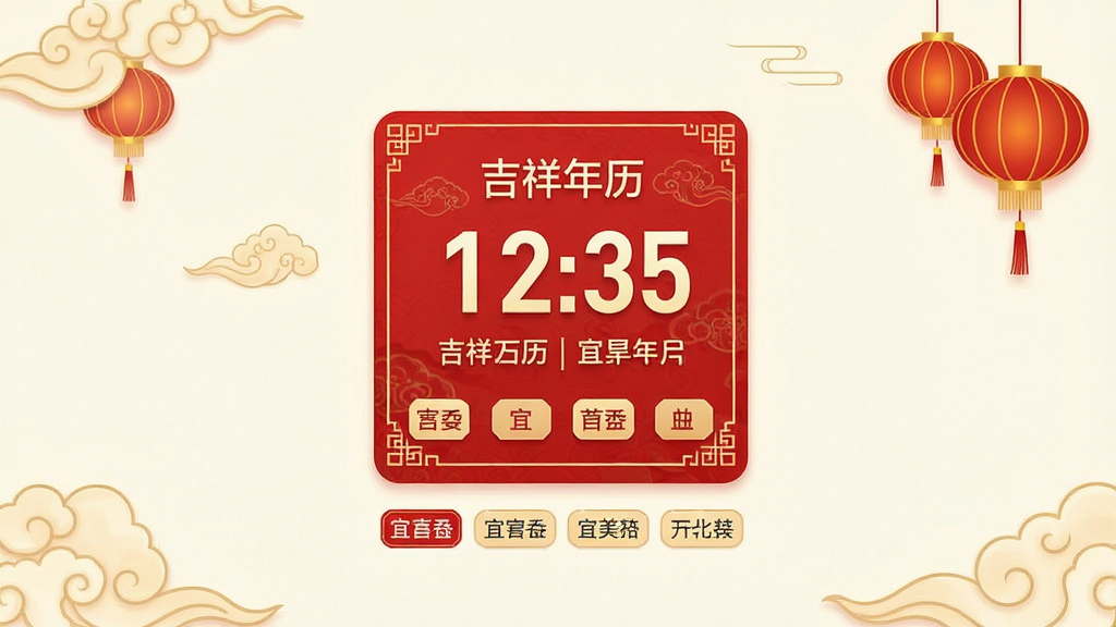 一张展示吉祥万年历App主界面的手机截图,画面中央是红色中国风日历卡片,显示大号公历日期和农历日期,下方排列着宜忌小标签,背景是淡雅的米白色,四周点缀着祥云和灯笼元素,整体风格简洁喜庆,画质干净,无多余元素