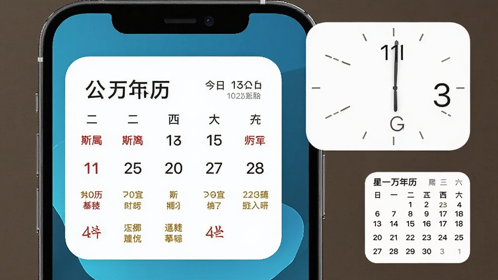 吉祥万年历桌面小组件的展示图,手机屏幕上排列着三个不同尺寸的日历小组件,最大的一个显示公历日期、农历日期和今日宜忌,中间的是简约数字时钟样式,最小的仅显示星期和日期,手机背景为纯色壁纸,整体画面干净整洁,风格现代简约,画质清晰,无多余元素
