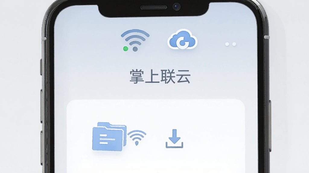 一张手机应用功能展示插画,画面中手机屏幕显示“掌上联云”的离线缓存页面,文件旁边有下载箭头图标,屏幕上方有WiFi信号图标和云朵同步标识,背景是浅灰色,风格简洁明快,画质干净无多余元素