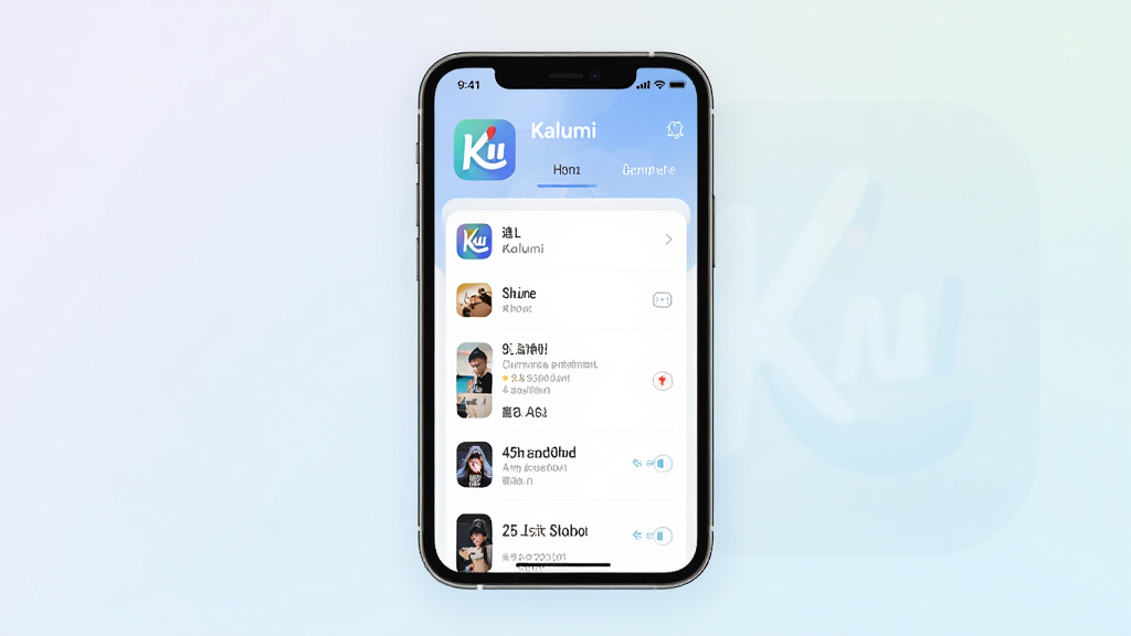 一张展示Kalumi应用主界面的手机样机图,画面中央是手机屏幕,屏幕内显示Kalumi应用图标和简洁的追番列表界面,背景为浅色渐变,风格清新现代,细节干净,画质清晰,无多余元素