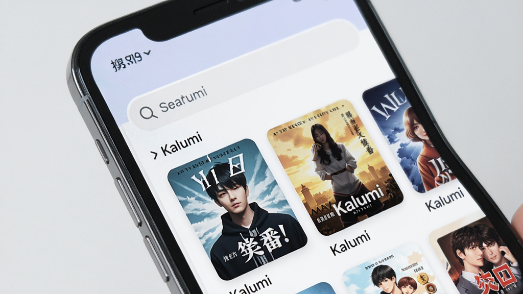 一张展示Kalumi应用界面特写的图片,画面中手机屏幕显示干净无广告的追番列表,上方有搜索框,下方是封面整齐排列的番剧卡片,风格极简,配色柔和,画质清晰,无多余元素,图片中带有
