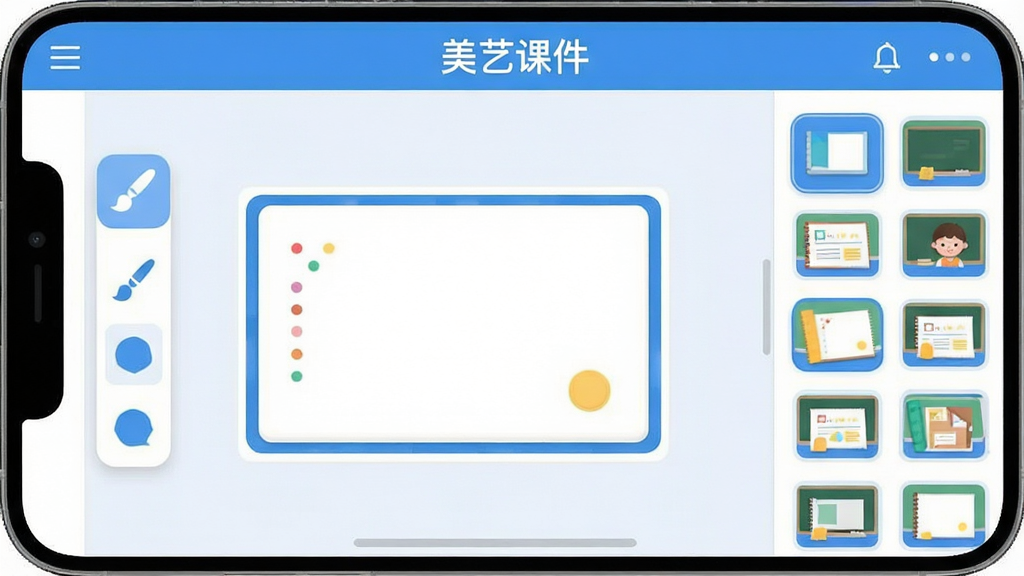 一张展示“美艺课件”软件整体界面的手机屏幕截图,画面中央是简洁的课件编辑工作区,左侧悬浮着画笔与形状工具条,右侧是素材库缩略图列表,顶部标题栏清晰显示“美艺课件”四个字,界面采用蓝白配色,风格现代扁平,图标圆润,画质干净清晰,无多余装饰元素
