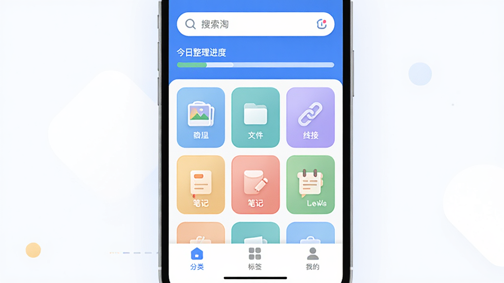 分类淘应用主界面全貌展示,画面中央是手机屏幕,屏幕内显示分类淘APP首页,顶部为搜索栏和今日整理进度条,中间是彩色分类卡片网格排列,包含照片、文件、链接、笔记等图标,底部为分类、标签、我的三个选项卡,整体布局清晰,风格现代扁平,色调以蓝白为主搭配柔和彩色点缀,细节圆润,画质干净,无多余元素