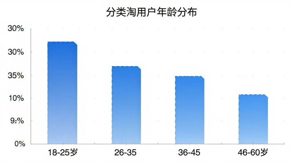 分类淘用户年龄分布柱状图,横轴为年龄段18-25岁、26-35岁、36-45岁、46-60岁,纵轴为用户占比百分比,柱状图颜色为蓝色渐变,图表上方标注“分类淘用户年龄分布”,整体风格简洁数据可视化,画质干净,无多余元素