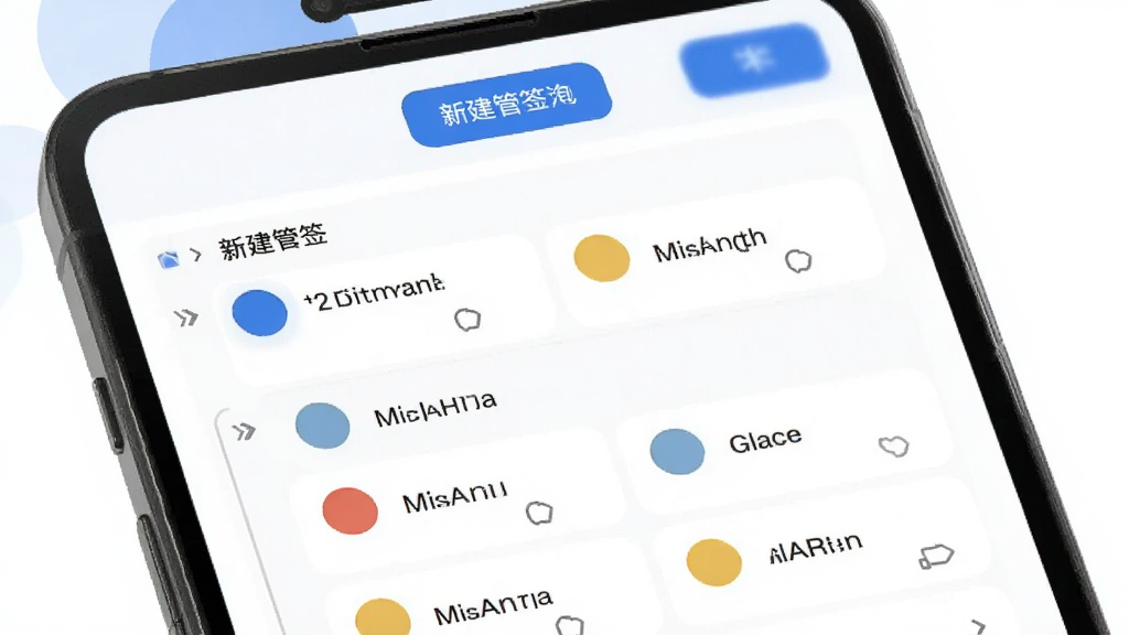 分类淘自定义标签管理界面展示,手机屏幕中显示标签列表,每个标签配有不同颜色的圆形色块和文字说明,标签按层级分组排列,顶部有新建标签按钮,界面风格简洁清爽,蓝白主色调,画质干净,无多余元素