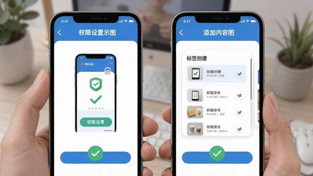 分类淘新手操作引导界面展示,手机屏幕中显示分步引导页面,第一步为权限设置示意图,第二步为标签创建示意图,第三步为添加内容示意图,界面风格清晰友好,蓝白配色搭配绿色勾选图标,画质干净,无多余元素