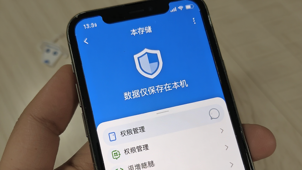 分类淘隐私保护功能界面展示,手机屏幕中显示本地存储说明页面,页面中央有盾牌图标和文字“数据仅保存在本机”,下方为权限管理列表,界面风格干净简洁,蓝白配色,画质清晰,无多余元素