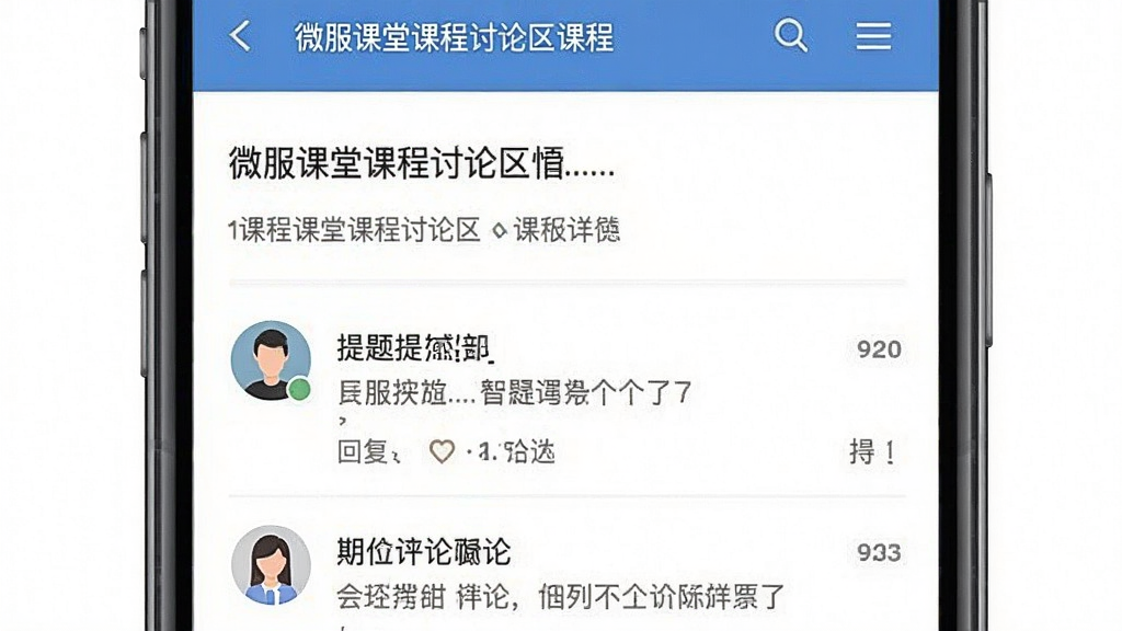 一张展示微服课堂课程讨论区界面的手机截图,屏幕中显示课程详情页下方的问答讨论板块,有用户头像、提问内容和回复列表,界面布局清晰,文字标签明确,风格现代扁平,画质干净,无多余元素