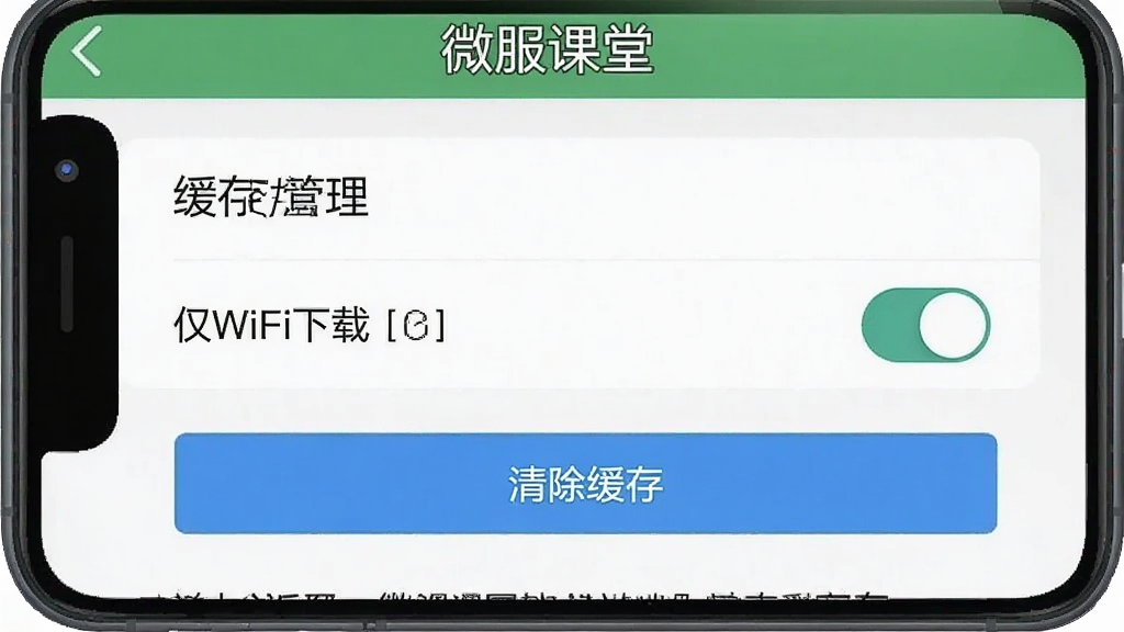 一张展示微服课堂App设置页面的手机截图,屏幕中显示缓存管理、仅WiFi下载开关、清除缓存按钮等选项,界面布局清晰,文字标签明确,风格现代扁平,画质干净,无多余元素