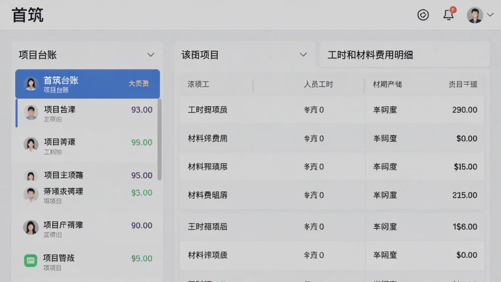 一张AI生成的图片,画面展示“首筑”APP的项目台账界面,左侧是项目列表,右侧是该项目下的人员工时和材料费用明细,数据以卡片和列表形式呈现,背景为浅灰色,界面元素清晰,风格简洁商务,画质干净无多余装饰