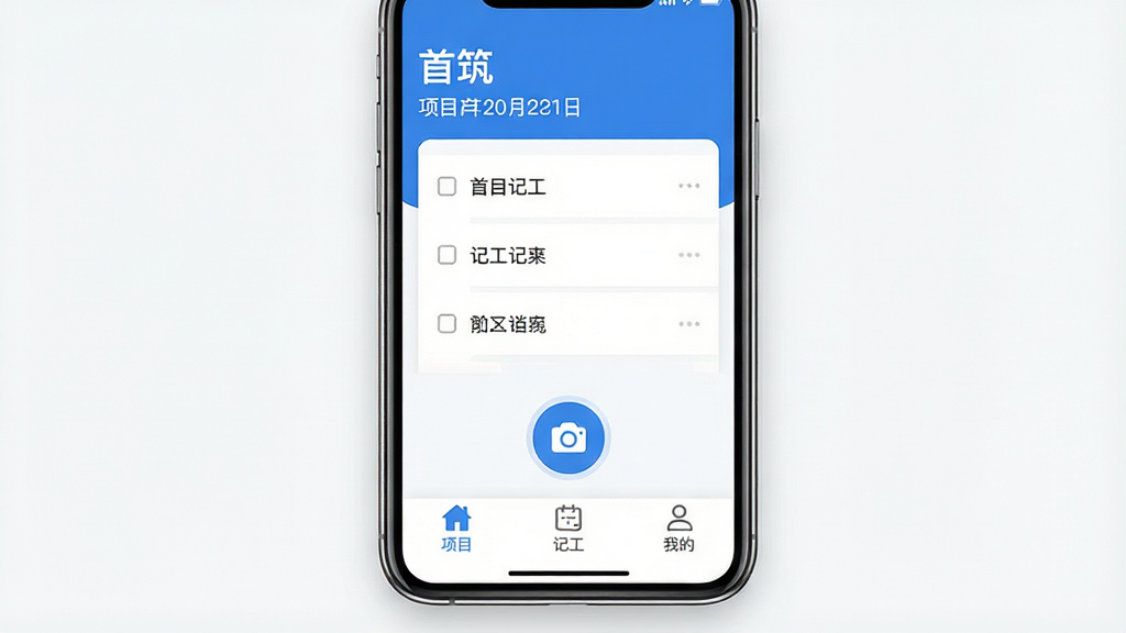 一张展示手机应用界面的图片,画面中央是一部智能手机,屏幕上显示“首筑”APP的主界面,界面顶部有项目名称和日期,中间是简洁的记工列表和拍照按钮,底部是项目、记工、我的三个导航标签,整体采用蓝白配色,风格现代扁平,细节清晰圆润,画质干净明亮,无多余元素