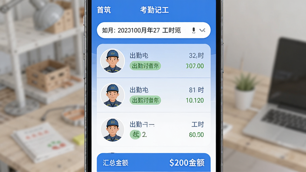一张AI生成的图片,画面展示“首筑”APP的考勤记工页面,屏幕上显示工人头像列表和对应的出勤状态、工时统计,顶部有日期选择器,底部有汇总金额,界面以蓝色为主色调,布局清晰,风格现代扁平,画质干净明亮