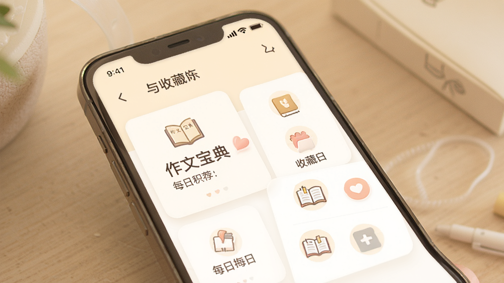 一张展示“作文宝典”软件每日积累与收藏功能的图片,画面中手机屏幕显示每日推荐卡片和收藏夹列表,界面有柔和的图标和清晰的文字标签,风格温暖简洁,画质清晰,无杂乱元素