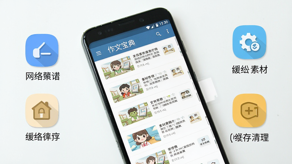 一张展示“作文宝典”软件在安卓手机上流畅运行的画面,手机屏幕显示素材列表滑动流畅,旁边有网络设置和缓存清理的图标示意,风格干净整洁,画质清晰