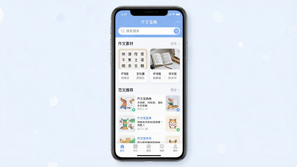 一张展示“作文宝典”软件核心全貌的图片,画面中央是手机屏幕,屏幕内显示作文宝典应用主界面,界面顶部有搜索框,中间是分类清晰的作文素材卡片和范文推荐列表,底部是导航栏,整体布局干净整洁,风格现代扁平化,色彩以柔和的蓝白色调为主,画质清晰,无多余元素