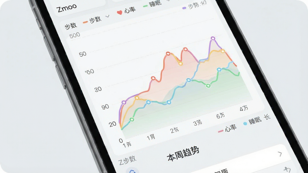 一张Zmoofit健康趋势分析界面的示意图,手机屏幕上显示多条彩色折线图,分别代表步数、心率、睡眠时长的周趋势,图表下方有简洁的文字标注“本周趋势”,背景为浅灰色,图表配色柔和,风格专业且易读,画面干净无多余装饰