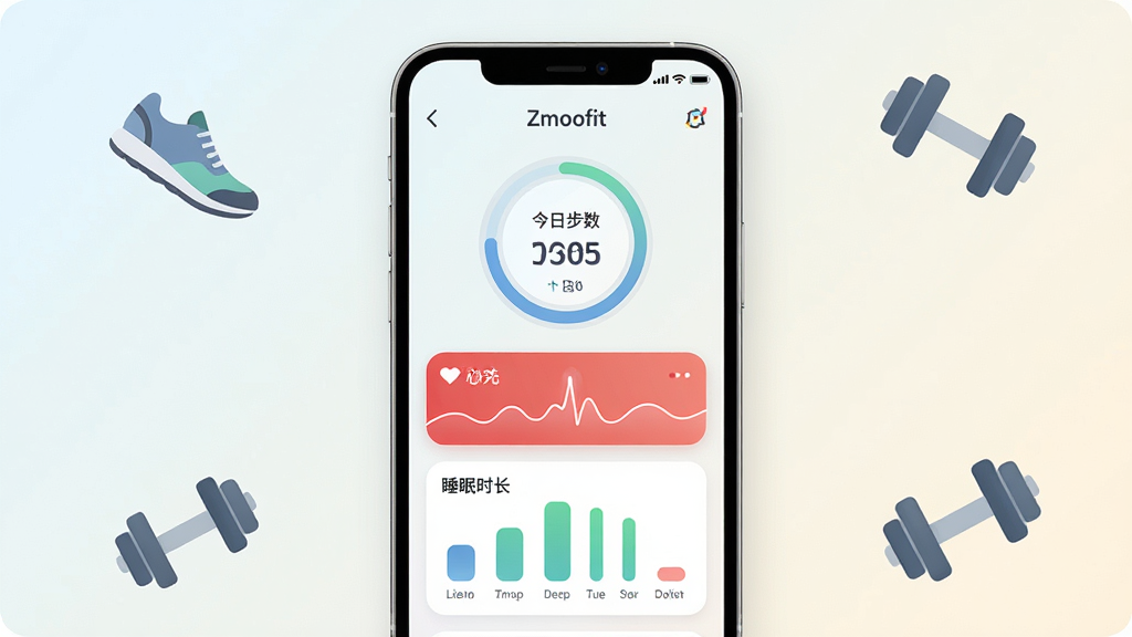 一张展示Zmoofit应用主界面的手机屏幕效果图,画面中央是一部现代智能手机,屏幕内显示Zmoofit应用首页,包含今日步数圆环、心率曲线小卡片和睡眠时长条形图,整体布局清爽,背景为浅色渐变,手机周围点缀简约的运动图标如跑鞋和哑铃,风格现代扁平化,细节圆润,画质干净清晰,无多余元素
