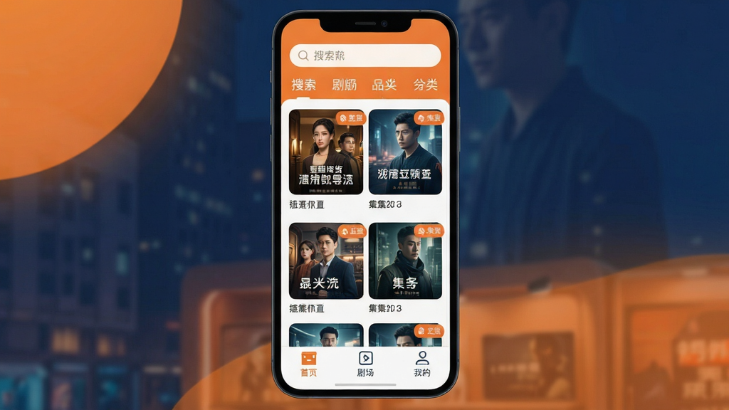 手机屏幕竖屏展示晶短剧App主界面,顶部搜索栏和分类标签清晰可见,中间是短剧封面瀑布流,每张封面配有剧名和集数角标,底部导航栏为首页、剧场、我的三个图标,整体色调为暖橙与深蓝搭配,界面干净无广告弹窗,扁平化设计风格,细节圆润,画质清晰干净无多余元素