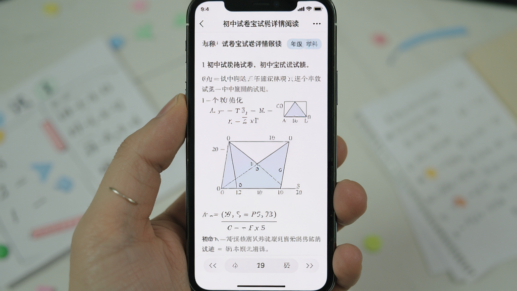 一张展示初中试卷宝试卷详情阅读界面的手机截图,画面中手机屏幕显示一道数学试卷题目,题目文字和几何图形清晰可见,顶部有试卷标题和年级学科标签,底部有页码导航,界面干净无广告,风格简洁护眼,画质清晰干净