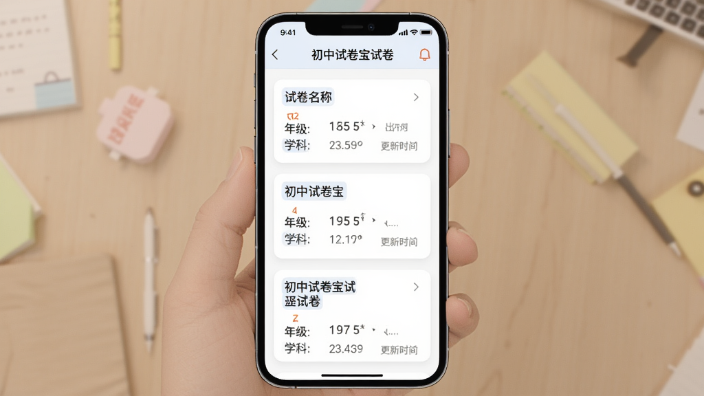 一张展示初中试卷宝试卷列表页面的手机界面图,画面中手机屏幕显示初中试卷宝的试卷列表,每条试卷以卡片形式呈现,卡片上标注试卷名称、年级、学科和更新时间,卡片排列整齐,背景干净,风格现代扁平,细节圆润,画质清晰无多余元素