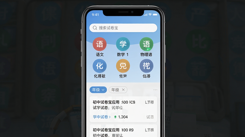 一张展示初中试卷宝应用主界面的手机截图,画面中央是手机屏幕,屏幕内显示初中试卷宝的首页布局,顶部为搜索栏,中间是语文数学英语物理化学等学科分类图标,下方是年级筛选标签和试卷列表,背景为浅蓝色渐变,风格简洁清新扁平化,细节清晰,画质干净,无多余元素