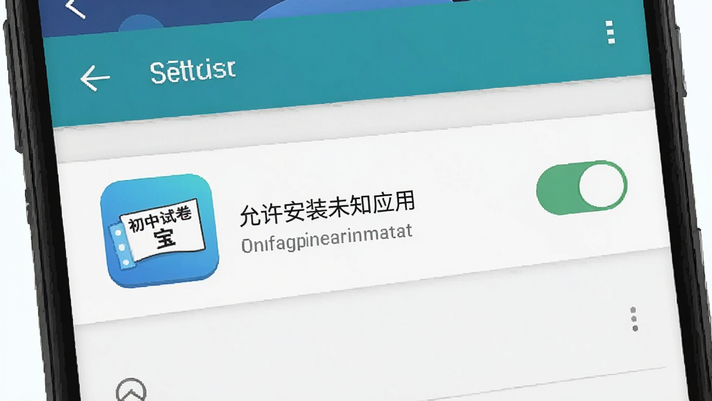 一张展示安卓手机设置界面的示意图,画面中手机屏幕显示应用权限管理页面,有「允许安装未知应用」的开关按钮处于打开状态,旁边有初中试卷宝的应用图标,界面风格简洁明了,画质清晰干净