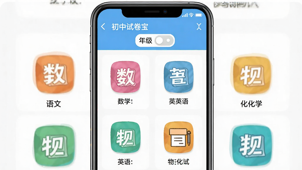 一张展示初中试卷宝学科分类页面的手机界面图,画面中手机屏幕显示初中试卷宝的学科选择界面,语文数学英语物理化学等科目以彩色图标排列成网格状,每个图标下方标注学科名称,顶部有年级切换标签,整体布局整齐有序,风格活泼明快,画质清晰干净