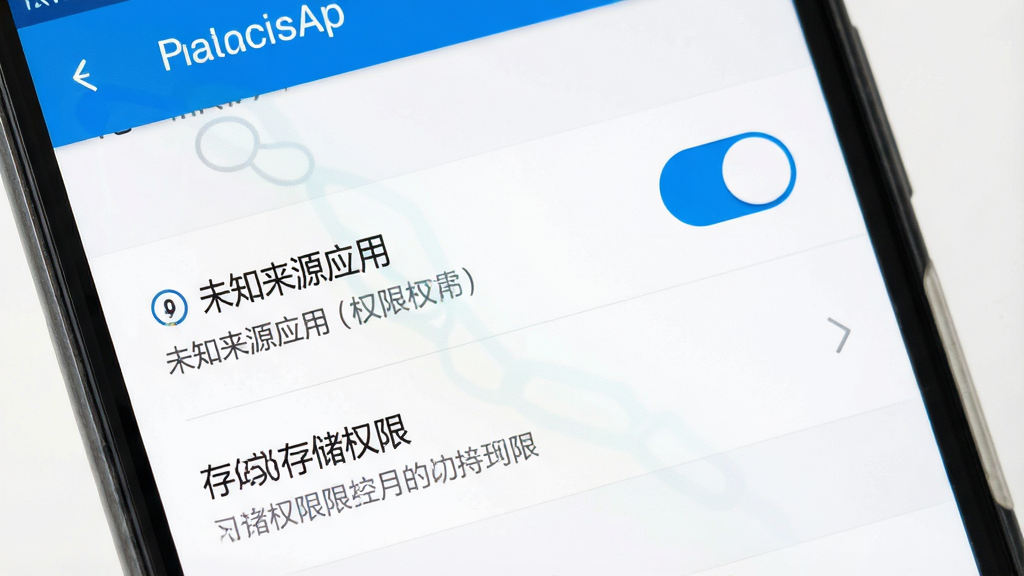 一张展示手机安装应用时权限设置界面的示意图,画面为手机屏幕特写,屏幕内显示“未知来源应用”权限开关和存储权限选项,布局为设置列表样式,风格为系统原生扁平设计,配色为白底蓝字,画质清晰,文字标注明确,无多余元素