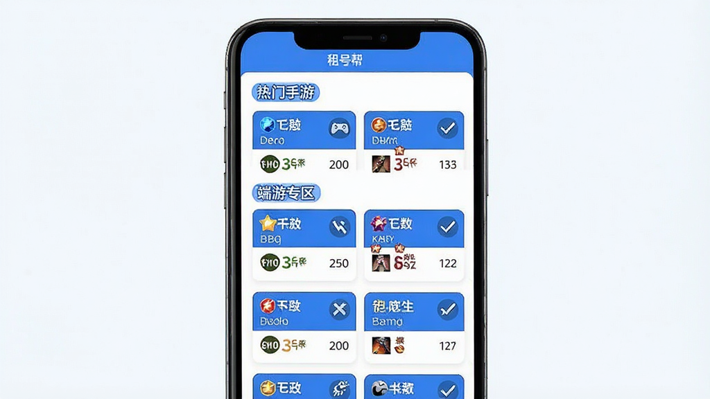 一张“租号帮”APP账号分类页面的示意图,画面主体是手机屏幕,屏幕内展示多个游戏分类标签,如“热门手游”“端游专区”等,每个分类下排列着账号卡片,卡片上有段位和皮肤数量的文字标识,布局为纵向列表,风格为简洁的卡片式设计,色调以蓝白为主,画质干净,无多余装饰