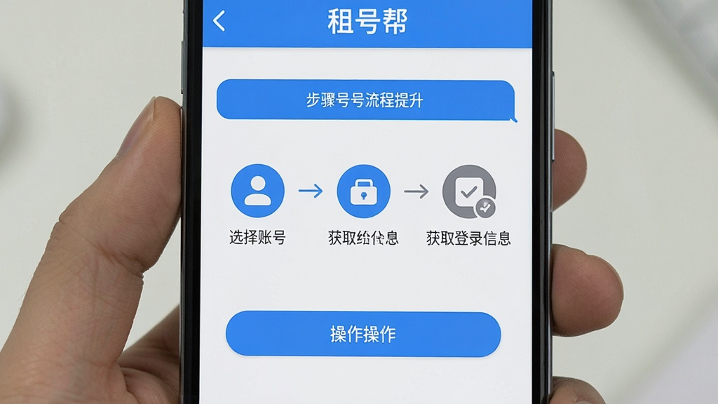 一张展示“租号帮”APP上号流程界面的图片,画面为手机屏幕特写,屏幕内显示步骤提示条,从“选择账号”到“获取登录信息”共三个步骤图标,下方有操作按钮,布局居中,风格为扁平化图标设计,配色为蓝白灰,画质干净,文字清晰,无多余元素