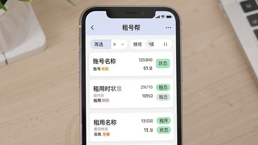 一张“租号帮”APP订单记录页面的示意图,画面为手机屏幕,屏幕内显示订单列表,每条订单包含账号名称、租用时间和状态标签,列表上方有筛选栏,布局为纵向排列,风格为清爽的列表式设计,配色柔和,画质清晰,文字标注明确,无杂乱元素