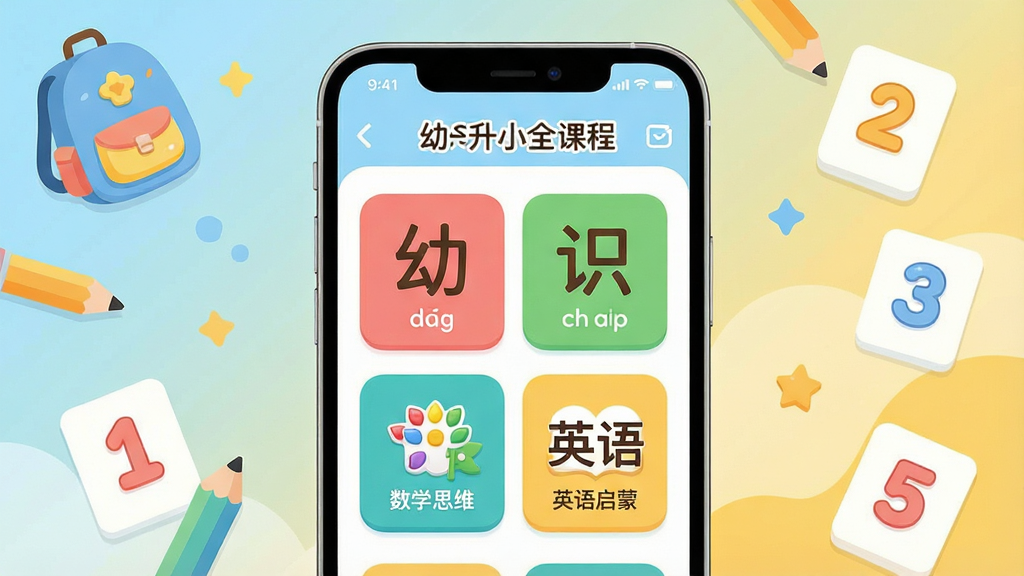 一张展示幼升小全课程App核心界面的生图,画面中央是一部手机,手机屏幕上显示着拼音、识字、数学思维、英语启蒙四个彩色学习模块入口,界面风格明亮活泼,背景是柔和的浅蓝色与暖黄色渐变,周围点缀着小书包、铅笔、数字卡片等卡通元素,整体布局清晰,排版居中,风格为扁平化儿童教育插画风,细节圆润可爱,画质干净清晰,无多余元素,图片中带有“幼升小全课程”文字