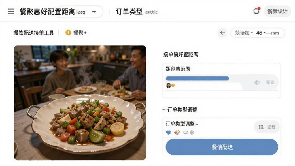 餐聚惠配送-餐饮配送接单工具 接单偏好设置距离范围和订单类型调整界面