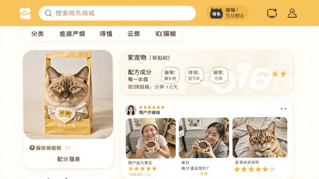 家宠物联严选商城界面,展示猫粮商品详情页,包含配方成分表、用户真实晒单图片、评分星级,页面主色调为暖黄色和白色,顶部有搜索栏和分类标签,商品卡片圆角设计,整体风格简洁温馨,手机应用截图,画质干净清晰