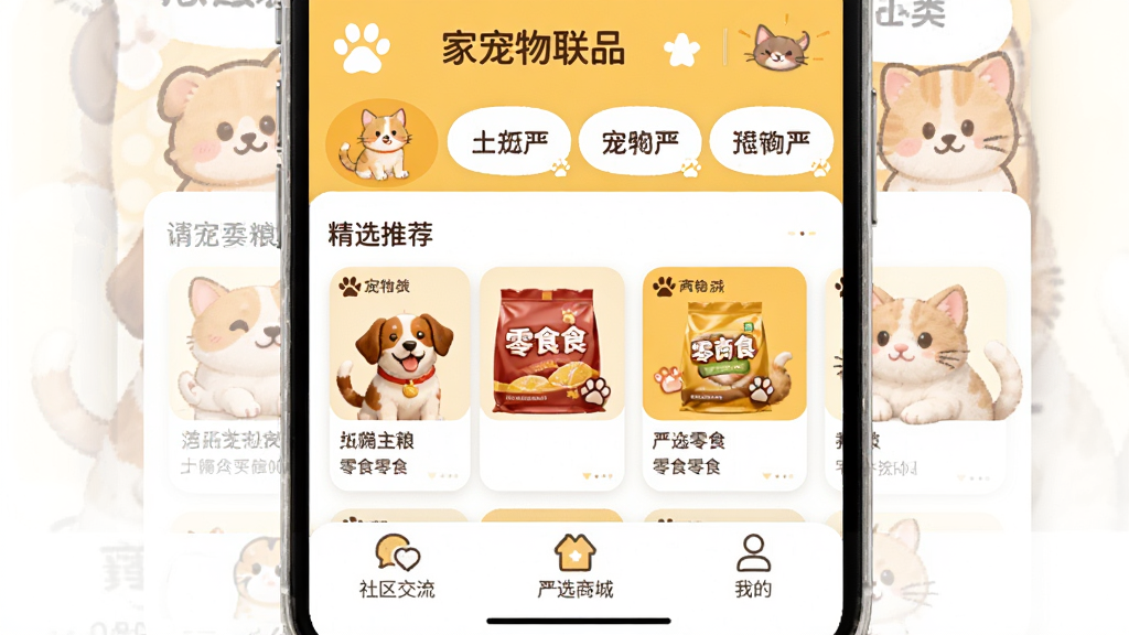 家宠物联软件首页全貌展示,顶部是宠物用品分类导航栏,中间是猫狗主粮和零食的精选推荐卡片,底部有社区交流、严选商城、我的三个选项卡,整体采用暖黄色和白色搭配,卡通宠物插画点缀,界面干净清爽无广告弹窗,手机屏幕截图风格,画质清晰,细节圆润,无多余元素