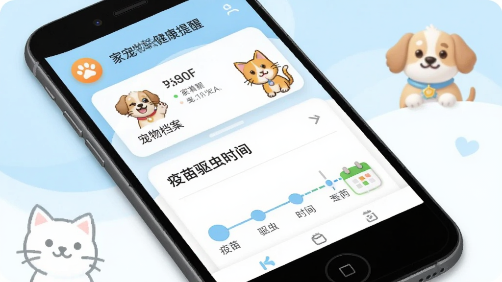 家宠物联健康提醒功能界面,显示宠物档案卡片和疫苗驱虫时间轴,日历提醒图标醒目,背景为浅蓝色和白色,卡通猫狗形象点缀,页面布局清晰,文字标签明确,手机应用截图风格,画质干净无多余元素