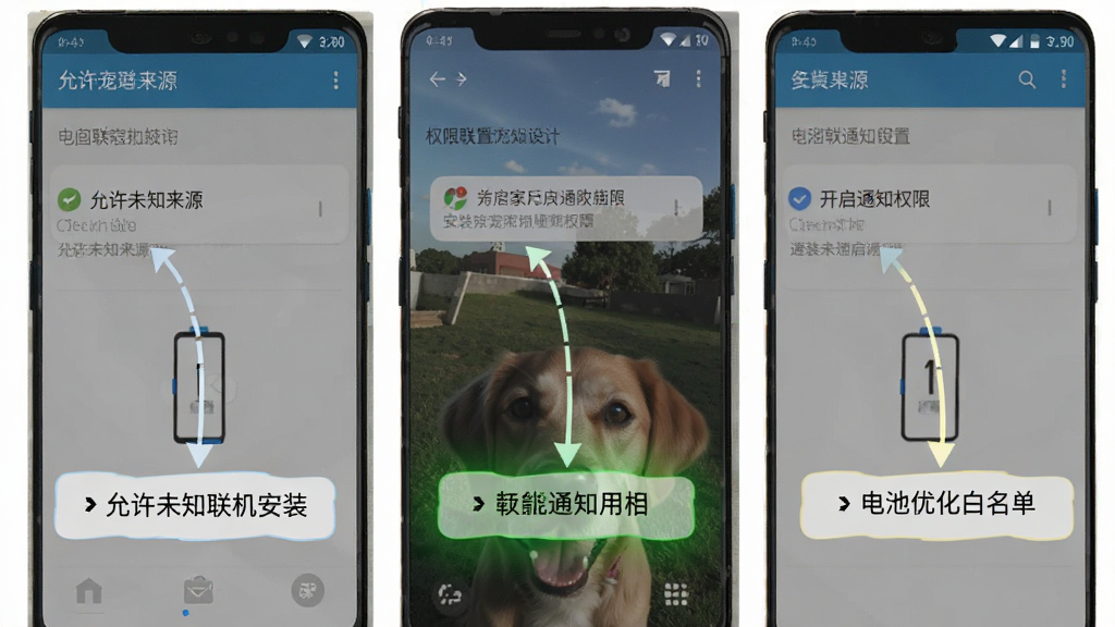 家宠物联手机端安装和权限设置步骤示意图,展示安卓手机设置界面中允许未知来源安装、开启通知权限、电池优化白名单三个关键步骤,界面为手机系统设置截图风格,标注清晰,画质干净