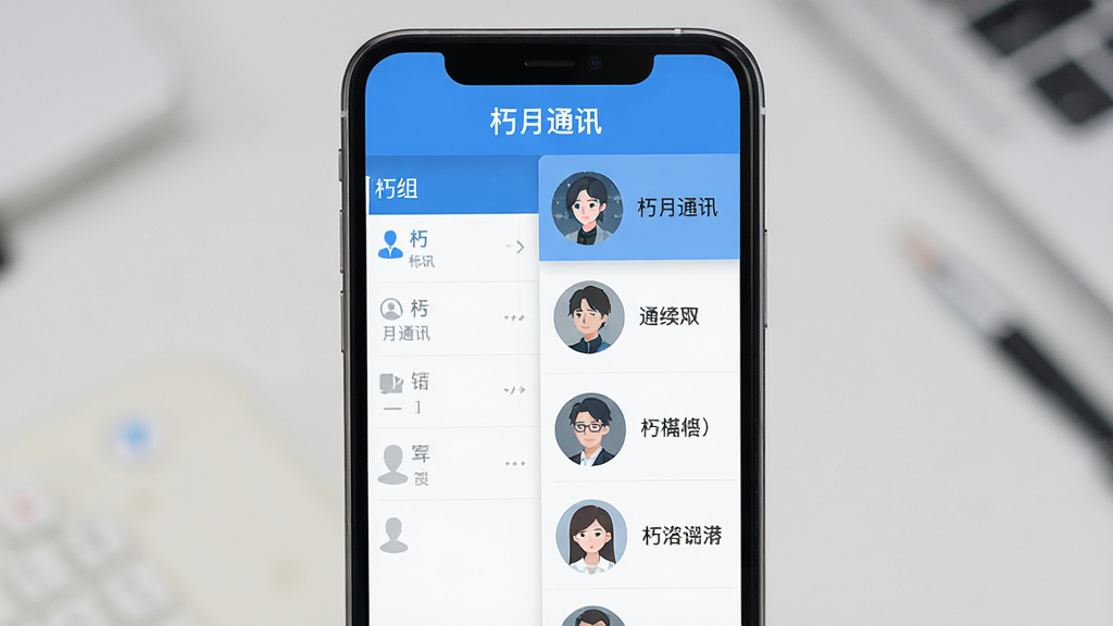手机屏幕展示“朽月通讯”的联系人分组管理界面,左侧是分组列表,右侧是联系人头像和名称,界面以蓝白为主色调,顶部有“朽月通讯”文字标识,布局清晰,风格现代扁平,画质干净,无多余元素
