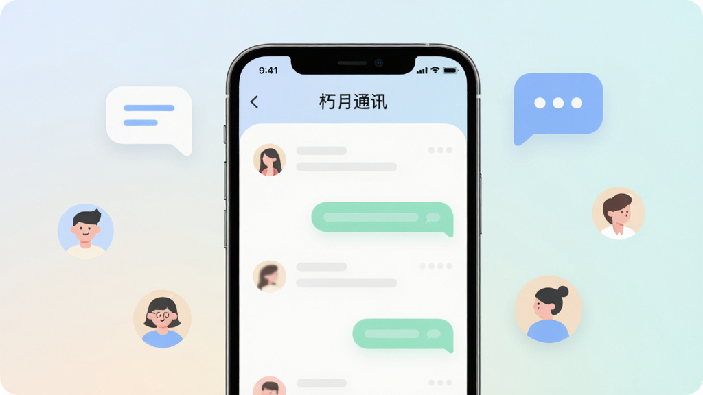 画面中央是一部智能手机,屏幕上显示“朽月通讯”的聊天列表界面,界面干净清爽,顶部有“朽月通讯”字样,背景是柔和的浅色渐变,周围漂浮着简约的聊天气泡图标和联系人头像,整体风格为现代扁平化设计,细节圆润,画质清晰干净,无多余元素