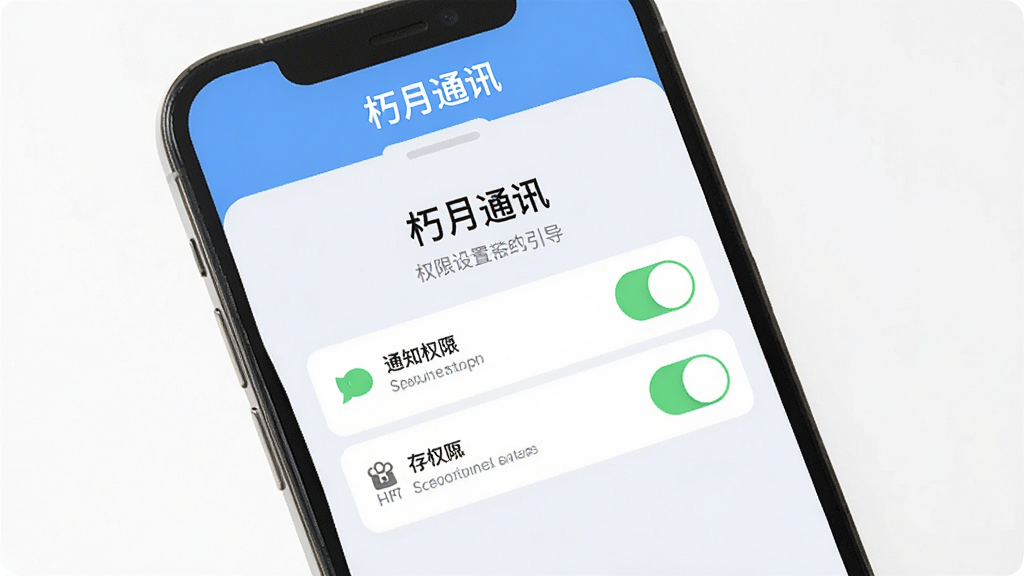 手机屏幕显示“朽月通讯”的权限设置引导页面,界面上有通知权限和存储权限的开关选项,背景为浅色,顶部有“朽月通讯”标识,风格简洁现代,画质清晰,无多余元素