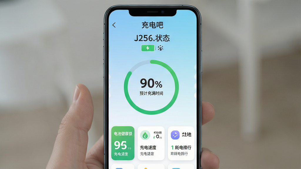 һ���ֻ�Ӧ���������ͼ����������չʾ�����ɡ�APP����ҳ��������ʾ��ǰ�����ٷֱȺͳ��״̬ͼ�꣬�м��ǻ��γ���������Ԥ�Ƴ���ʱ�䣬�·������ŵ�ؽ����ȡ�����ٶȡ��ĵ����еȹ��ܿ�Ƭ��������ǳ������ɫ�Ľ��䣬�������ִ���ƽ��ͼ��Բ�����ֱ�ǩ���������廭�ʸɾ��������޶���װ��Ԫ��