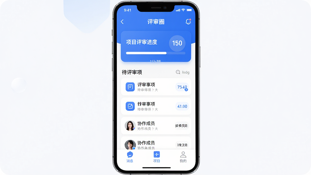 手机屏幕中央展示“评审圈”应用主界面,顶部是项目评审进度卡片,中间排列着待评审事项列表和协作成员头像,底部为消息、项目、我的三个导航标签,整体布局清晰,蓝白配色,扁平化设计风格,细节圆润,画质干净,无多余元素