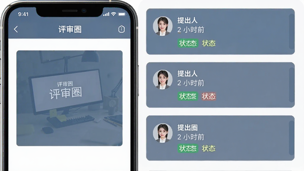 手机界面展示“评审圈”的意见追溯页面,左侧是方案缩略图,右侧是纵向排列的评审意见卡片,每条意见带有提出人头像、时间戳和状态标签,界面简洁,信息层级分明,蓝灰色调,画质清晰干净