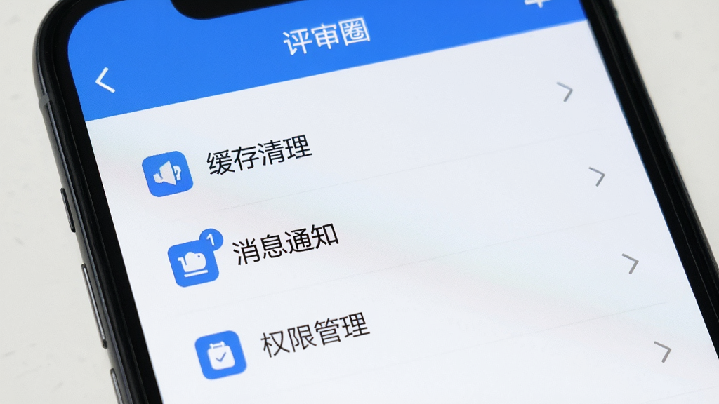 手机屏幕展示“评审圈”的设置页面,包含缓存清理、消息通知、权限管理等选项列表,界面整洁,图标简约,蓝白色调,画质干净,无多余元素