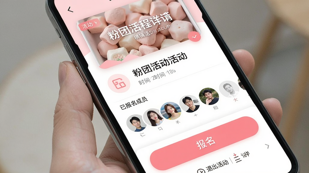 一张手机界面展示粉团活动详情页,顶部有活动封面图和标题,中间是时间地点和已报名成员头像列表,底部有醒目的报名按钮和退出活动入口,整体布局层次分明,粉白配色柔和,图标简洁清晰,画质干净明亮