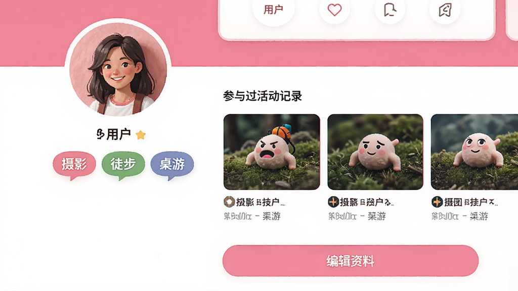 一张展示粉团用户个人主页的界面图,头像下方排列着彩色兴趣标签如摄影、徒步、桌游,中间区域显示参与过的活动记录缩略图,底部有编辑资料按钮,整体风格清爽活泼,粉白配色为主,排版干净有序,画质细腻无杂乱元素