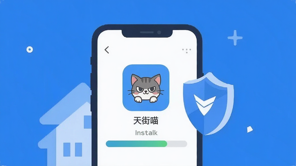 一张展示手机安装应用过程的示意图,画面中手机屏幕显示安装进度条和“天街喵”应用图标,旁边有盾牌图标代表安全检测,背景简洁,配色以蓝色和白色为主,扁平化风格,画质清晰干净