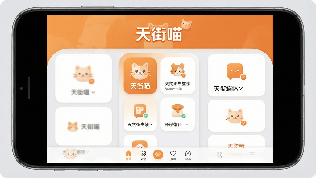 一张展示天街喵应用整体界面的手机屏幕截图,画面正中央是应用首页,顶部有醒目的“天街喵”三个字logo,界面以暖橙色和白色为主色调,布局分成几个清晰的功能卡片区域,底部是导航栏,背景是浅灰色,风格简洁现代,扁平化设计,图标圆润,画质清晰干净,无多余装饰元素