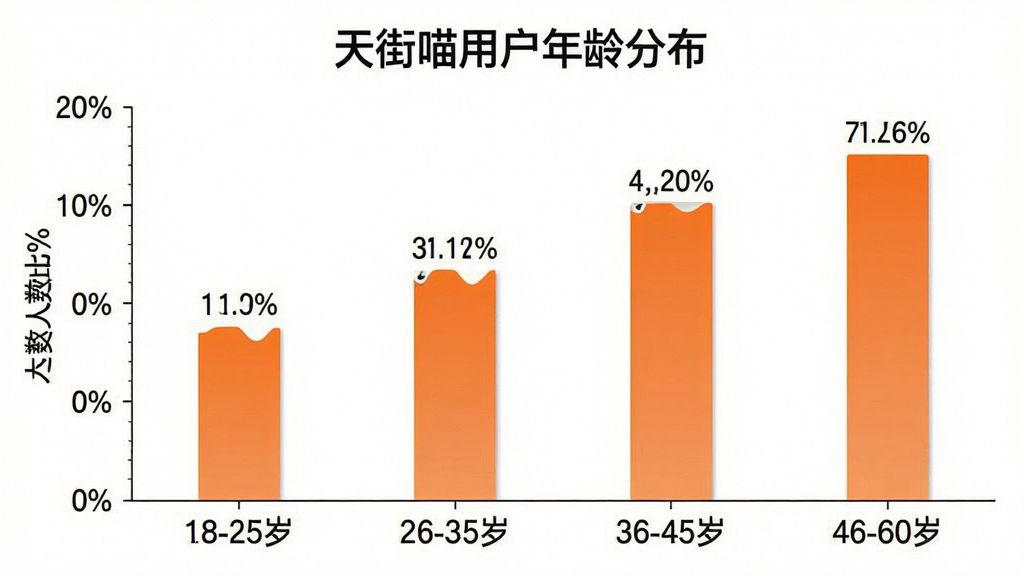 一张展示天街喵用户年龄分布的柱状图,横轴标注年龄段“18-25岁”“26-35岁”“36-45岁”“46-60岁”,纵轴标注人数占比百分比,柱子颜色为橙色渐变,图表标题为“天街喵用户年龄分布”,背景白色,风格简洁清晰,数据标签明确,画质干净
