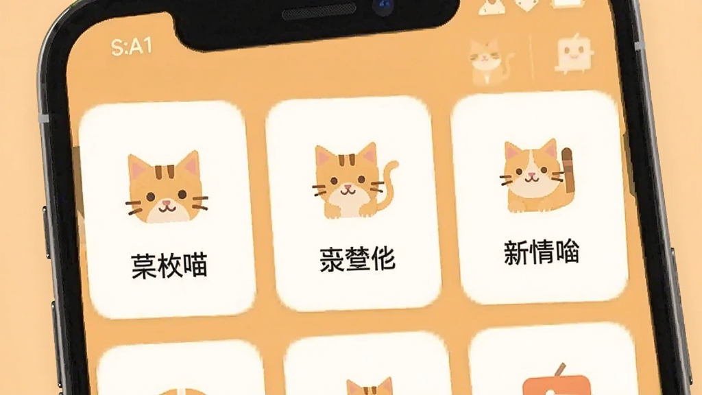 一张天街喵应用功能模块分区的示意图,画面展示手机屏幕中几个并排的功能卡片,每个卡片上有简洁的图标和中文标签,卡片之间间距均匀,背景干净,暖色调,扁平化图标风格,画质清晰,无杂乱元素